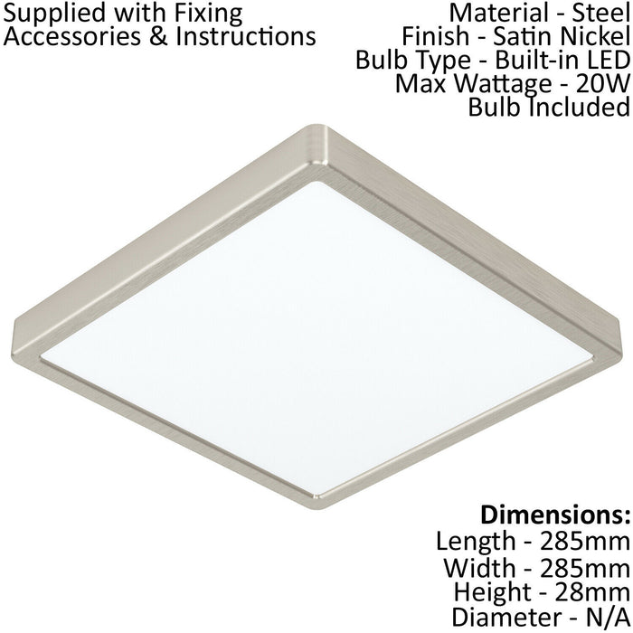 Wall / Ceiling Light Satin Nickel 285mm Square Surface Mounted 20W LED 4000K Loops