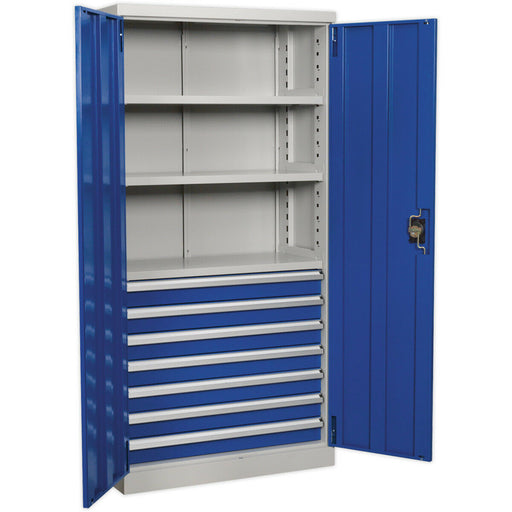 1800mm Double Door Industrial Cabinet - 7 Drawers & 3 Shelves - 3 Point Lock Loops