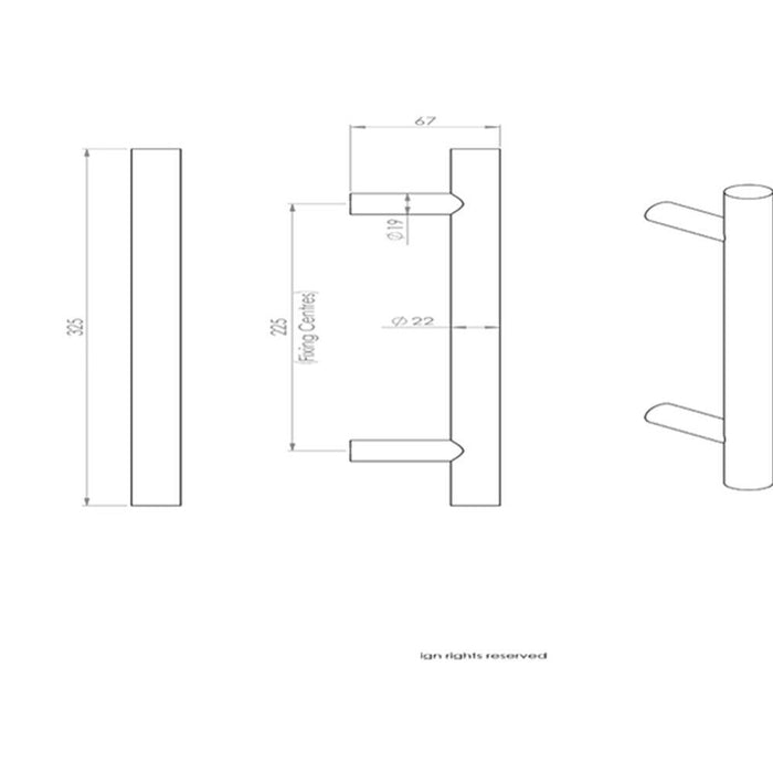 2x Straight T Bar Door Pull Handle 325 x 19mm 225mm Fixing Centres Satin Steel Loops