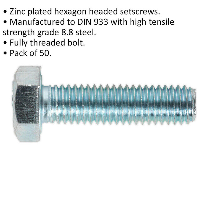 50 PACK HT Setscrew - M8 x 30mm - Grade 8.8 Zinc - Fully Threaded - DIN 933 Loops