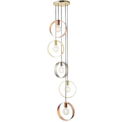 5 Bulb Multi Light Hanging Ceiling Pendant Brushed Copper Nickel & Brass Hoops Loops