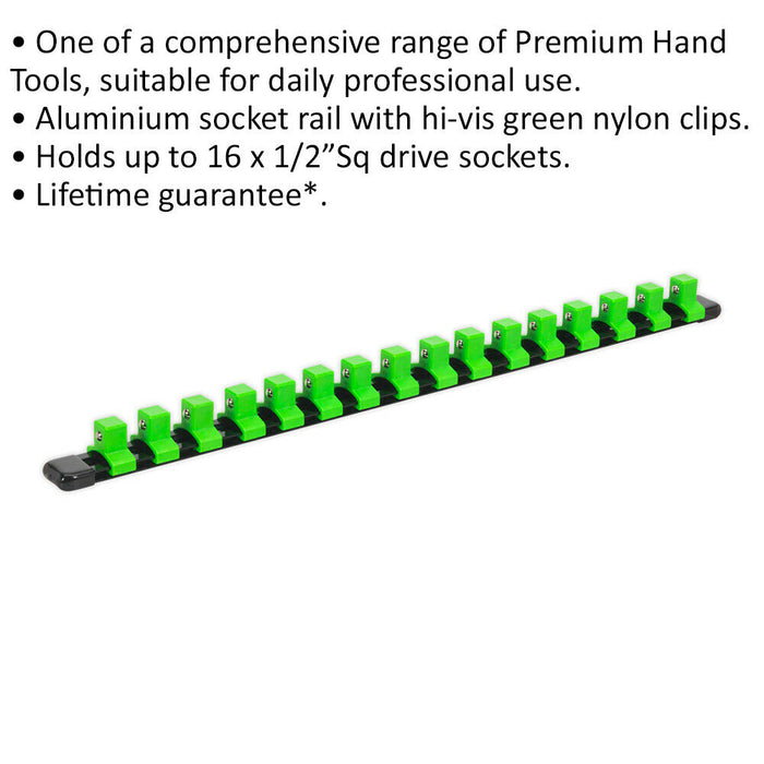 1/2" Square Drive Bit Holder - 16x Sockets - GREEN Retaining Rail Bar Storage Loops