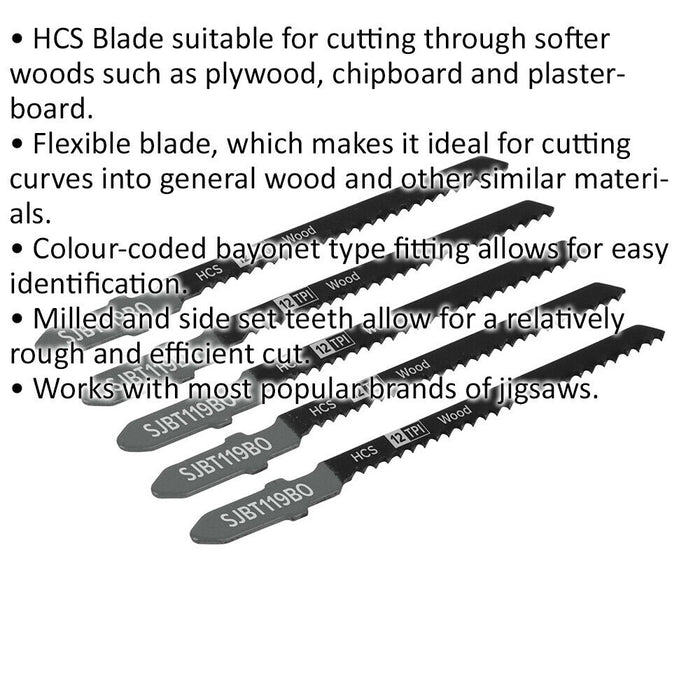 5 PACK - 75mm WOOD Jigsaw Blade Set - 12 TPI - FLEXIBLE Side Set Precision Cut Loops