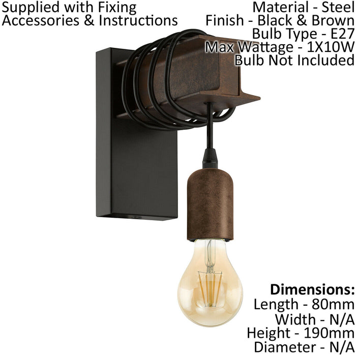 2 PACK LED Wall Light / Sconce Industrial Rust Effect Hangman 1x 60W E27 Loops