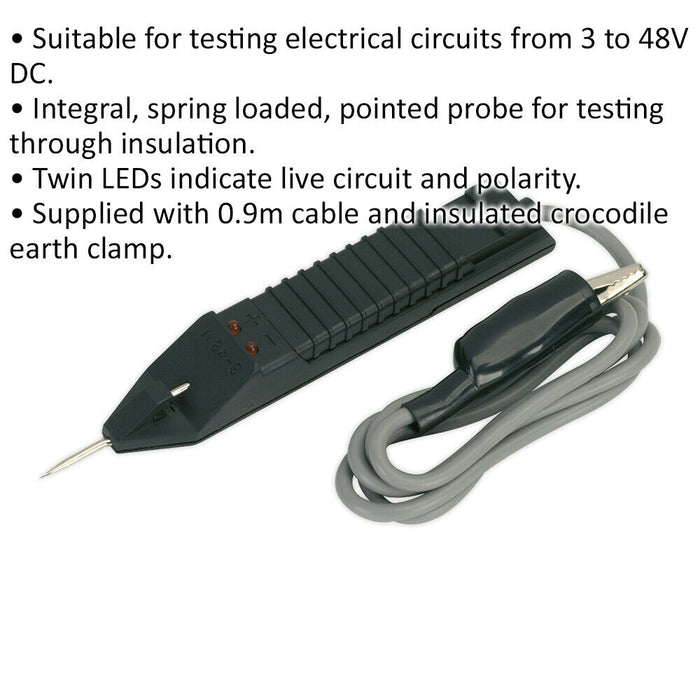 3 to 48 Volt Circuit Tester - Spring Loaded Probe - Twin LEDs - Earth Clamp Loops