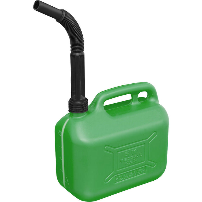 5 Litre Plastic Fuel Can -  Safety Screw Lock Cap - Flexible Spout - Green Loops