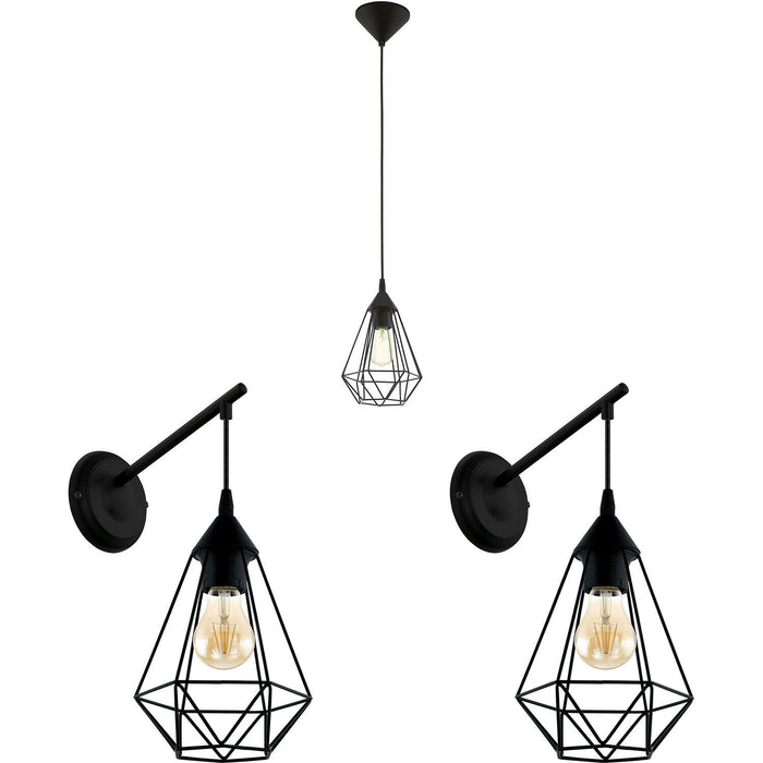 Ceiling Pendant Light & 2x Matching Wall Lights Black Geometric Wire Cage Lamp Loops