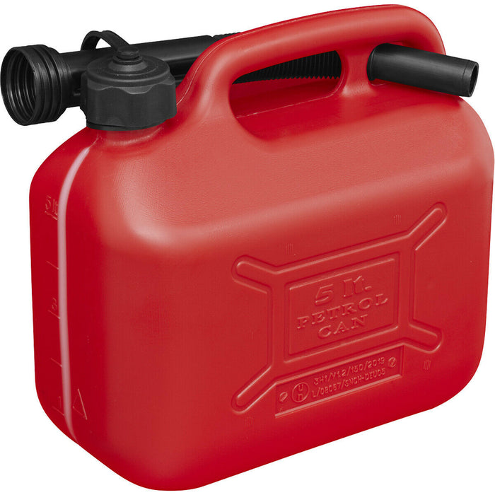 5 Litre Plastic Fuel Can -  Safety Screw Lock Cap - Flexible Spout - Red Loops