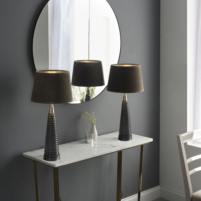 Table Lamp - Charcoal Ribbed Glass, Bright Nickel Plate & Mocha Velvet - 40W E27 Loops