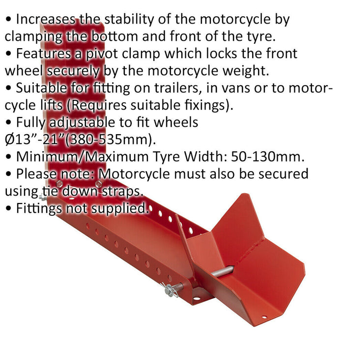 Motorcycle Roll-in Wheel Clamp - 50mm to 130mm Tyre Width - Bolt-Down Holder Loops