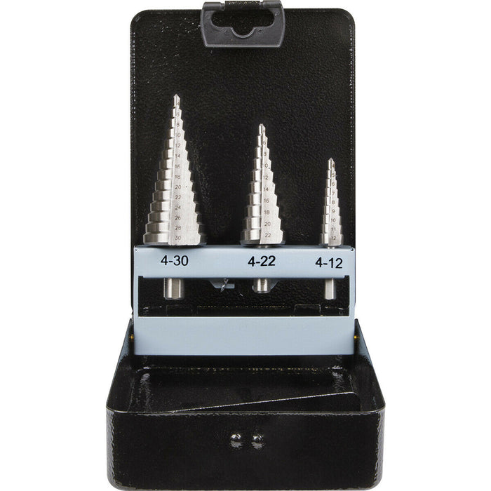 3 Piece HSS 4341 Double Flute Step Drill Bit - 3 Sizes - Precision Hole Drilling Loops