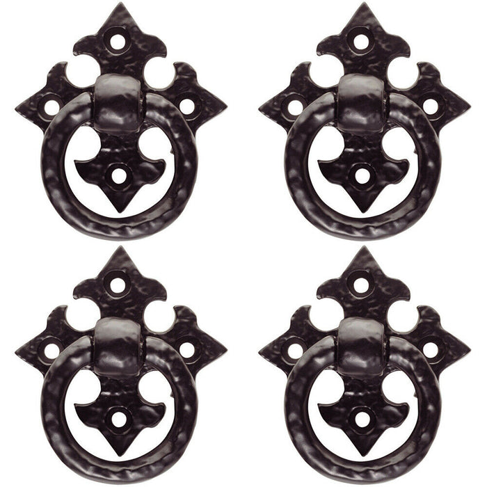 4x Ornate Cabinet Ring Pull on Cross Backplate 35mm Fixing Centres Black Antique Loops