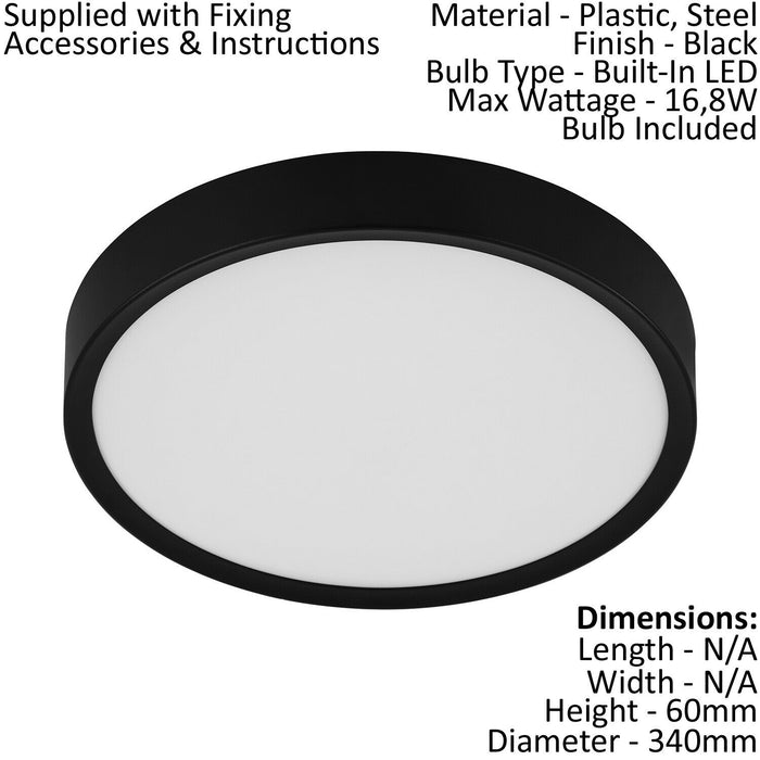 Flush Ceiling Light Colour Black Shade White Plastic Bulb LED 16.8W Included Loops
