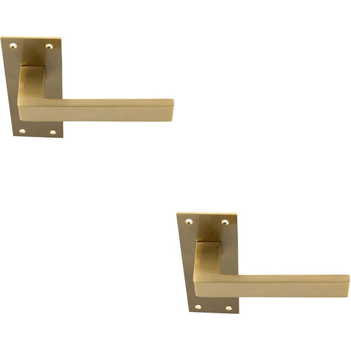 2x PAIR Straight Square Handle on Slim Lock Backplate 150 x 50mm Satin Brass Loops
