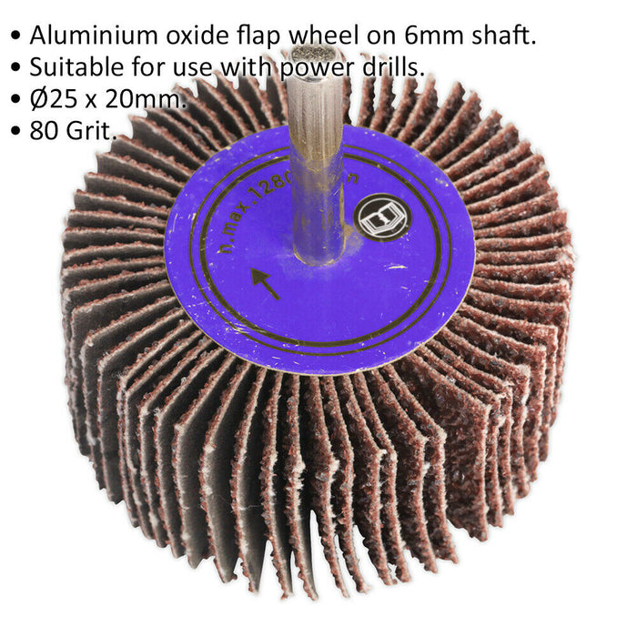 25 x 20mm Aluminium Oxide Flap Wheel - 6mm Shaft - 80 Grit - Abrasive Sanding Loops