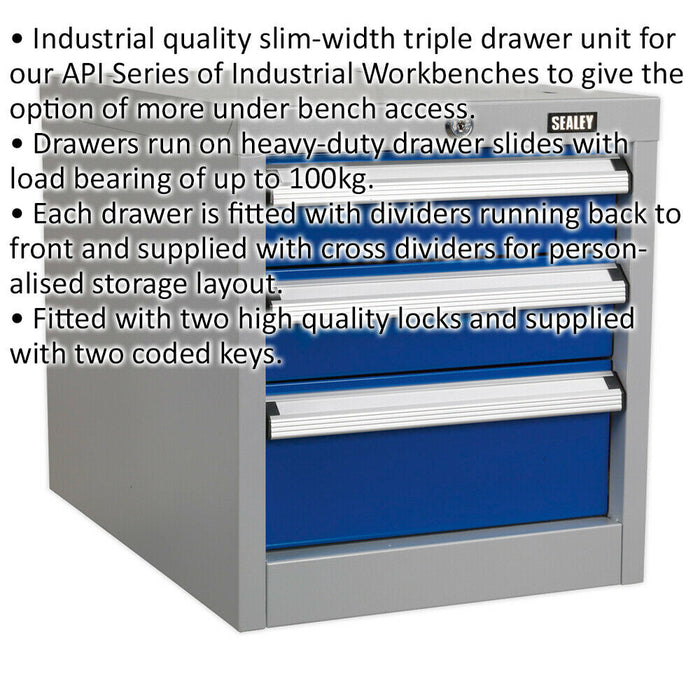 Triple Slim Drawer Unit - Suits ys02557 ys02560 & ys02562 Industrial Workbenches Loops