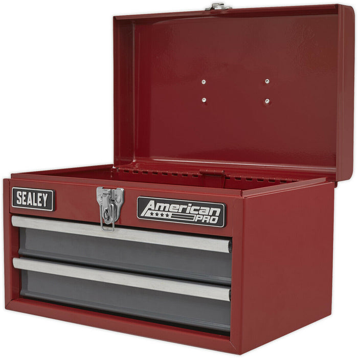 360 x 230 x 230mm Portable 2 Drawer Toolbox - RED - Lockable Tool Storage Chest Loops