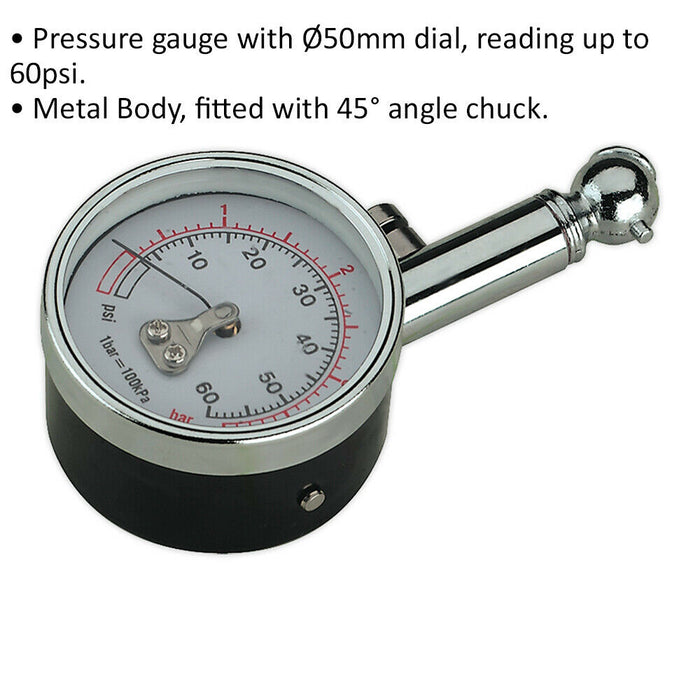 60psi Premium Tyre Pressure Gauge with 45 Degree Angled Chuck - Metal Body Dial Loops