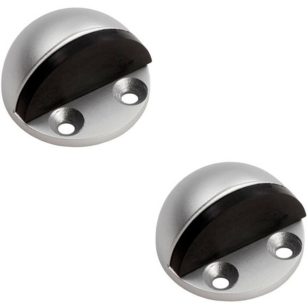 2x Floor Mounted Half Moon Doorstop Rubber Buffer 44mm Dia Adonised Aluminium Loops