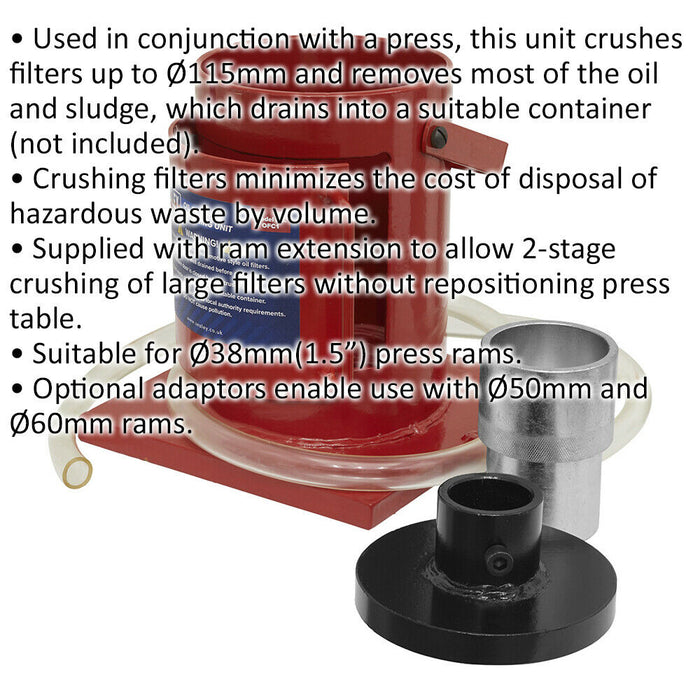 Oil Filter Crushing Unit - Crushes Filters Up To 115mm Diameter - Drainage Hose Loops