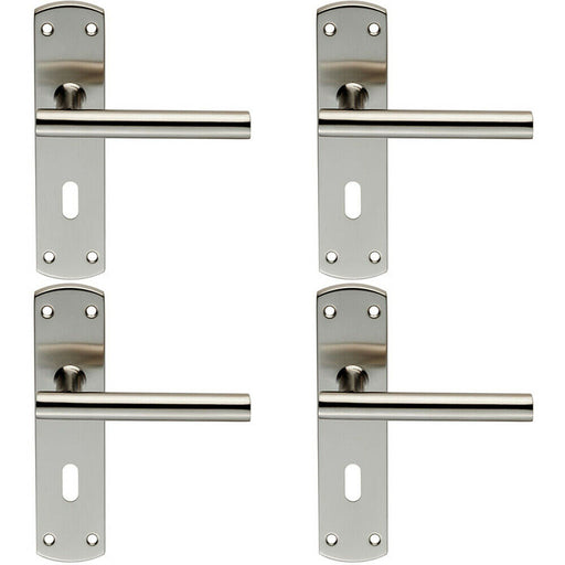 4x Mitred T Bar Lever Door Handle on Lock Backplate 172 x 44mm Satin Steel Loops