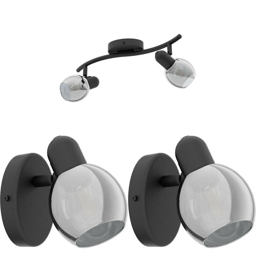 Twin Ceiling Spot Light & 2x Matching Wall Lights Black Vaporized Glass Moving Loops