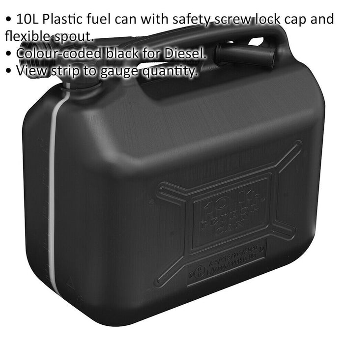 10 Litre Plastic Fuel Can -  Safety Screw Lock Cap - Flexible Spout - Black Loops