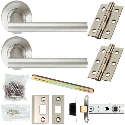 Door Handle & Latch Pack Satin Chrome Rounded T Bar Lever Screwless Round Rose Loops