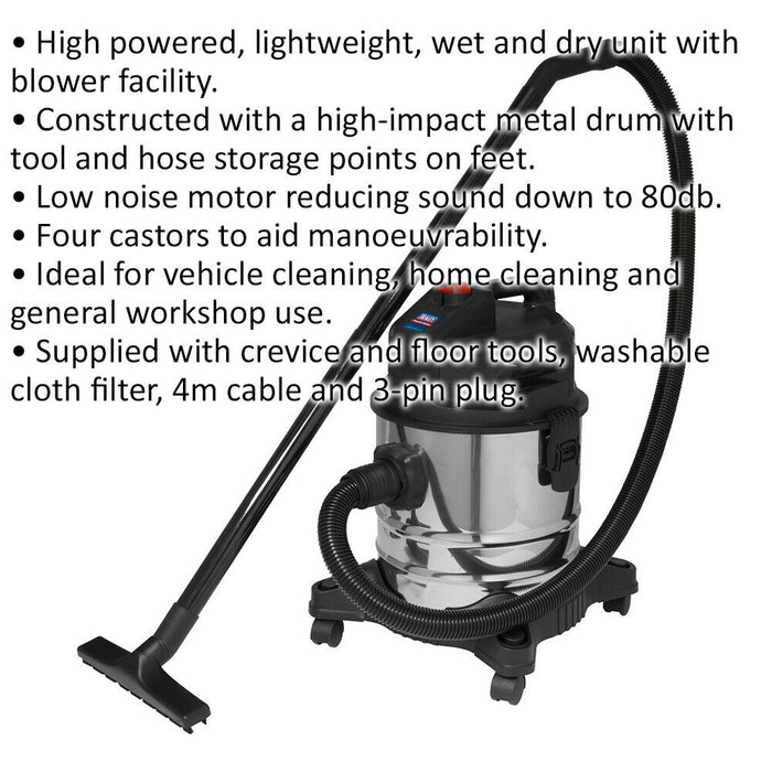 1000W Wet & Dry Vacuum Cleaner - 20L High Impact Metal Drum - Low Noise - 230V Loops