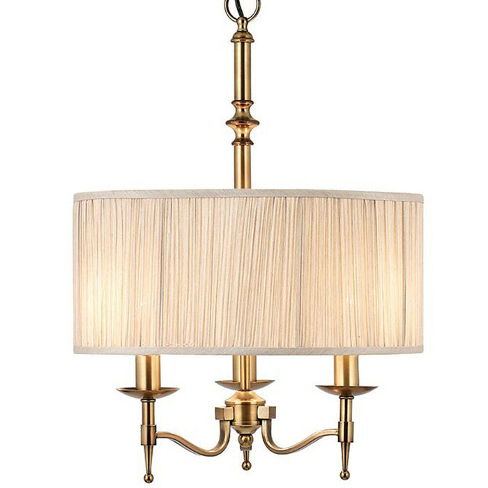 Avery Ceiling Pendant Chandelier Light 3 Lamp Antique Brass & Beige Round Shade Loops