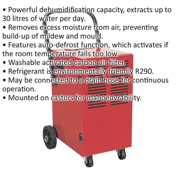 30 Litre Industrial Dehumidifier - Auto Defrost Function - Carbon Air Filter Loops