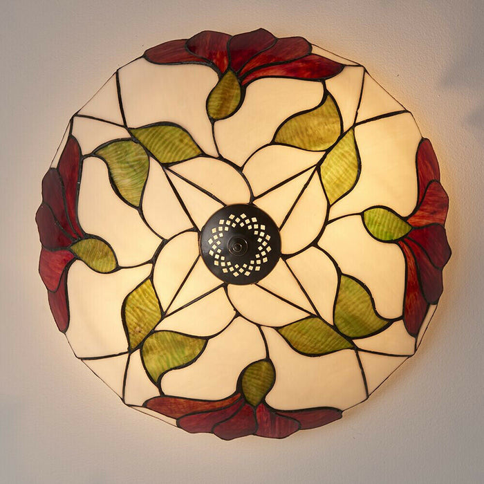 Tiffany Glass Semi Flush Ceiling Light Red Flower Round Inverted Shade i00035 Loops