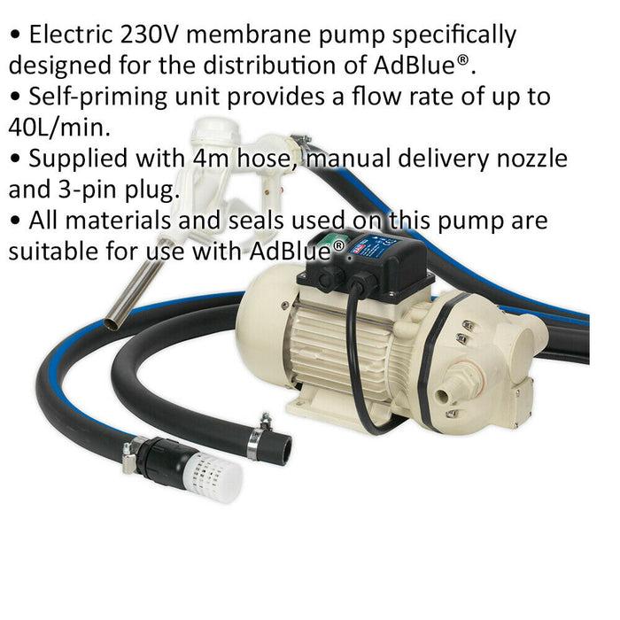 230V Portable AdBlue Transfer Pump - Self-Priming - Manual Delivery Nozzle Loops