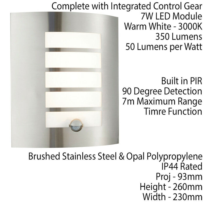 IP44 Outdoor Wall Light PIR Motion Sensor Brushed Steel & Diffuser 7W Warm White Loops