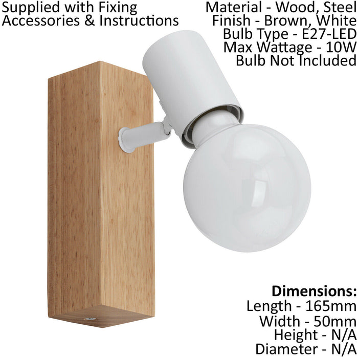 Wall 1 Spot Light Backplate Colour Brown Wood Oak Look White Shade Bulb E27 10W Loops
