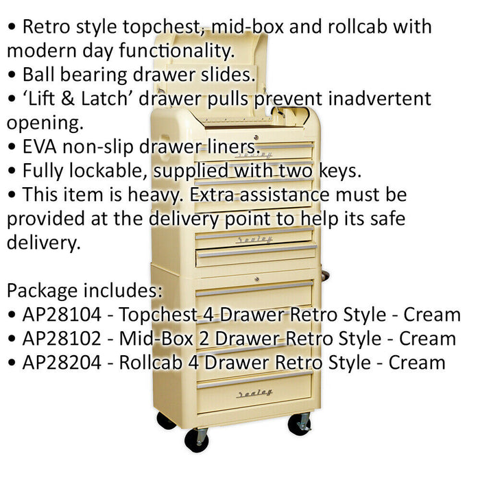 Retro 10 Drawer Topchest Mid Box & Rollcab Bundle - Locking - BB Slides - Cream Loops