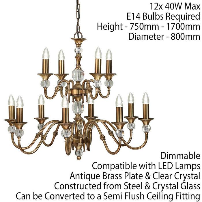 Diana Ceiling Pendant Chandelier Antique Brass & K9 Crystal Curved 12 Lamp Light Loops