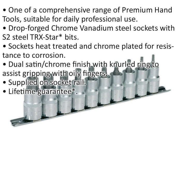 10 PACK TRX Star Socket Bit Set - 1/2" Square Drive - T20 to T70 TORX Knurled Loops