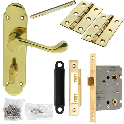 Door Handle & Bathroom Lock Pack Brass Victorian Upturn Thumb Turn Backplate Loops