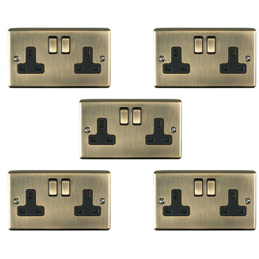 5 PACK 2 Gang Double UK Plug Socket ANTIQUE BRASS 13A Switched Power Outlet Loops