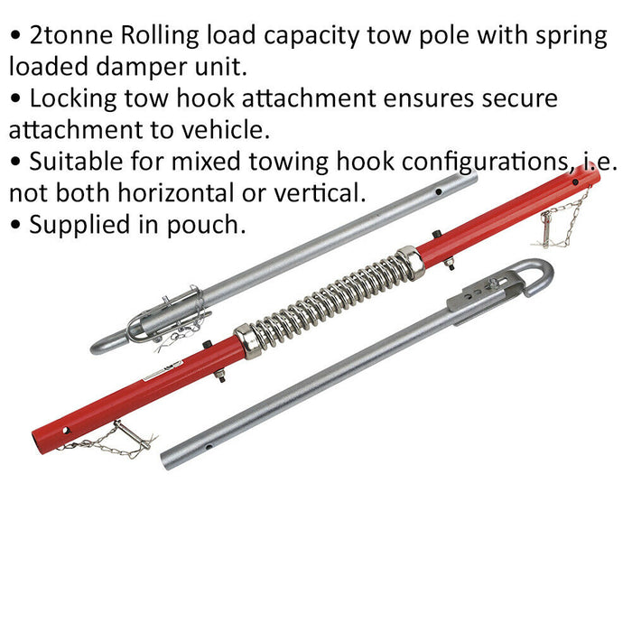 1.8m Tow Pole with Shock Spring - 2000kg Rolling Load Capacity - Vehicle Towing Loops