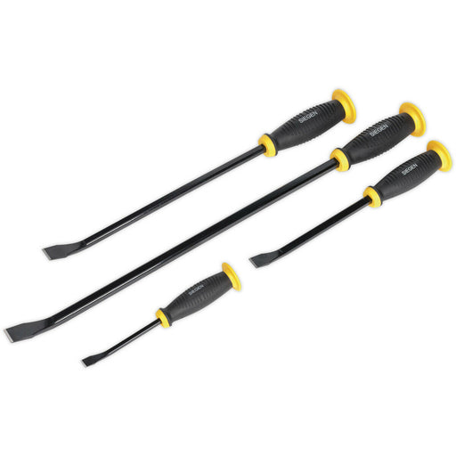 4 Piece Angled Pry Bar Set - Hammer Caps - Heat Treated Steel Shafts - Soft Grip Loops