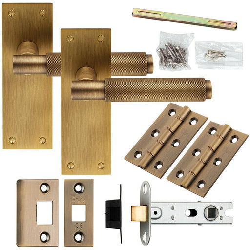 Door Handle & Latch Pack Antique Brass Knurled Round Lever Slim Backplate Loops