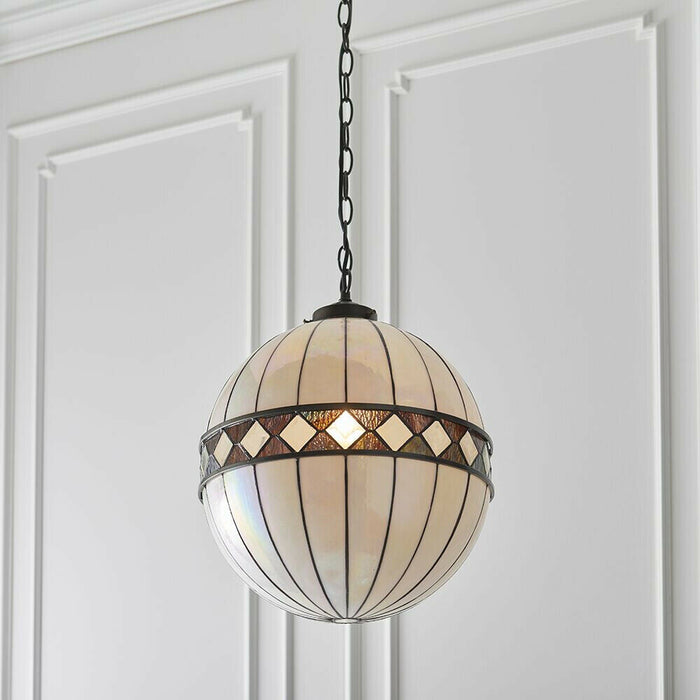 Tiffany Glass Hanging Ceiling Pendant Light Bronze & Natural Globe Shade i00118 Loops