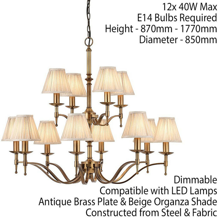 Avery Ceiling Pendant Chandelier Light 12 Lamp Antique Brass & Beige Pleat Shade Loops