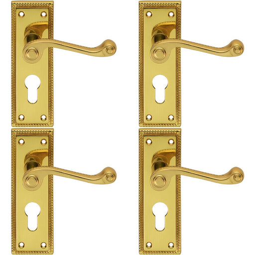 4x PAIR Reeded Design Scroll Lever on Euro Lock Backplate 150 x 48mm Brass Loops