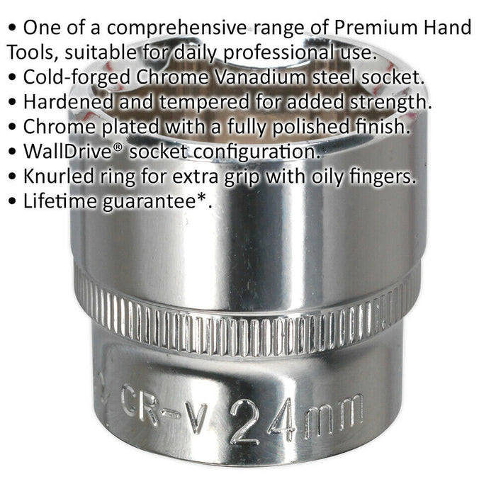 24mm Forged Steel Drive Socket - 3/8" Square Drive - Polished Chrome Vanadium Loops