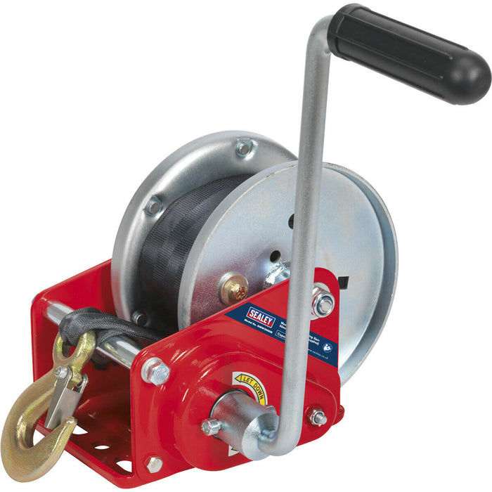 Geared Hand Winch with Brake & Webbing - 900kg Capacity - Hardened Steel Gear Loops