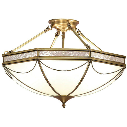 Luxury Semi Flush 3 Lamp Ceiling Light Traditional Antique Brass & Frosted Glass Loops