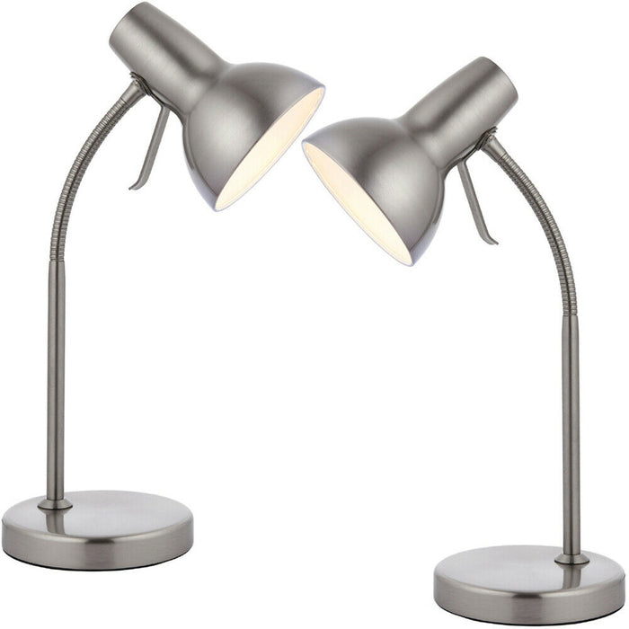 2 PACK | Adjustable Neck USB Desk Lamp Satin Nickel Metal Shade Table Work Light